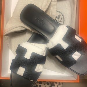 Hermes Denim Oran Sandal Dark Blue
